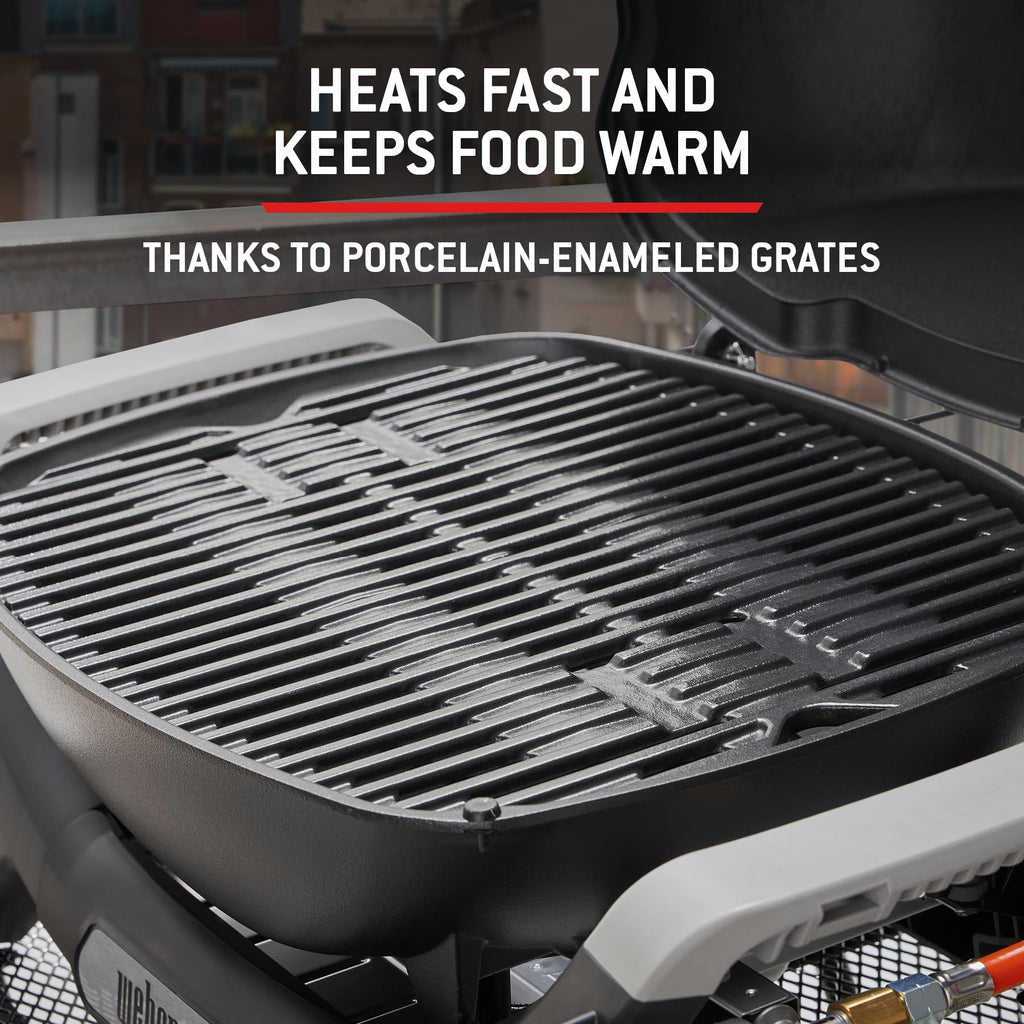 Weber Q 1100N Gas Barbecue/Portable Lightweight Grill for Camping, Patios and Balconies with High Efficiency Burner, Porcelain-Enamelled Cast Iron Grates and Electronic Ignition, Midnight Black